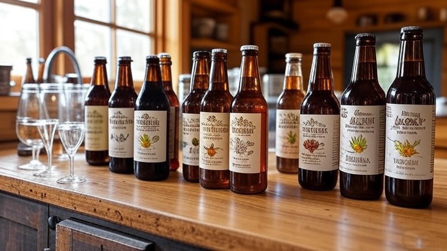Assortment of Living the Dream Brewery bottles and glasses with natural ingredients on a rustic counter.