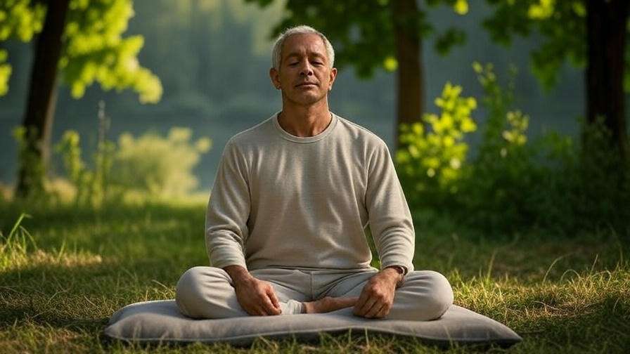 Veteran practicing mindfulness meditation outdoors for emotional support during VA claim.