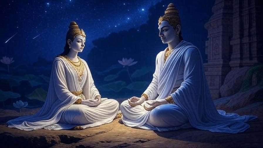 Two spiritual figures meditating under a starry sky, representing Bhaktimata and Ghanshyam’s legacy for restful sleep.