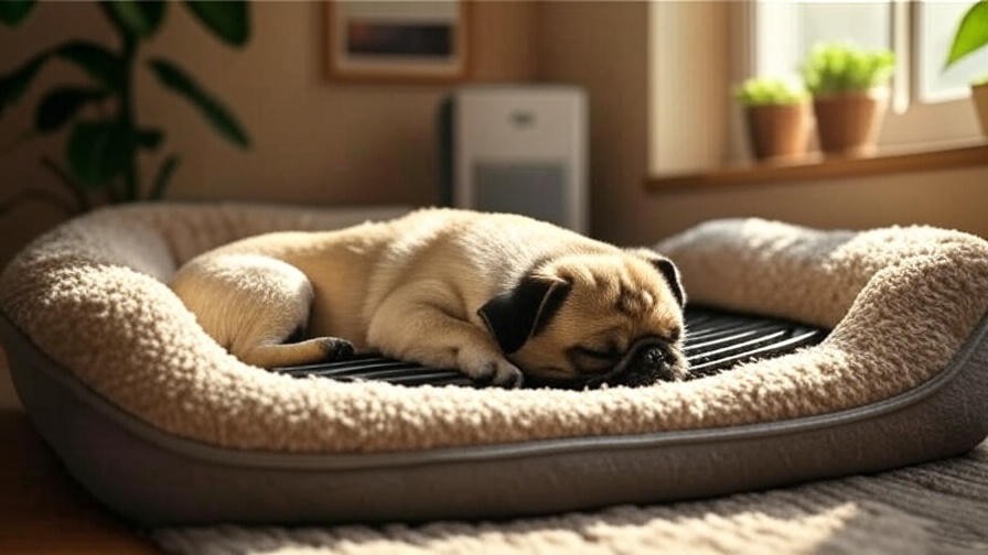 A brachycephalic dog sleeping peacefully on an orthopedic bed with a cooling mat in a ventilated room.