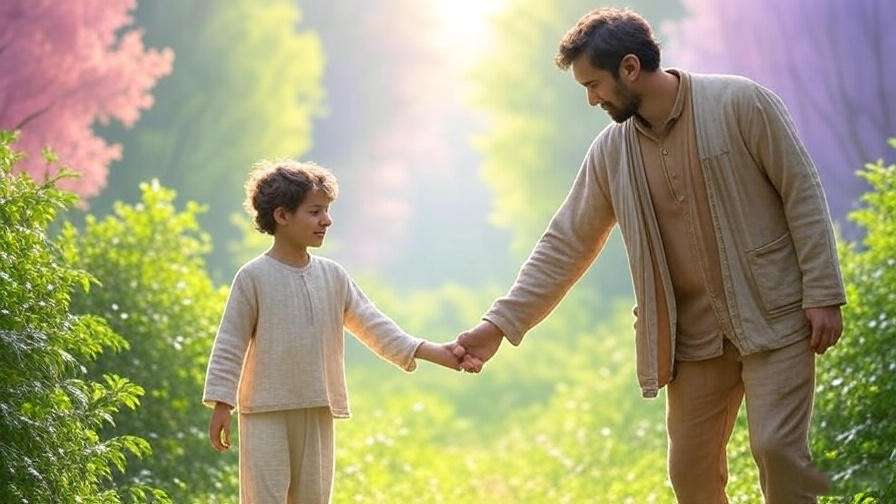 Adult holding a child's hand in a pastel forest for inner child healing meditation.