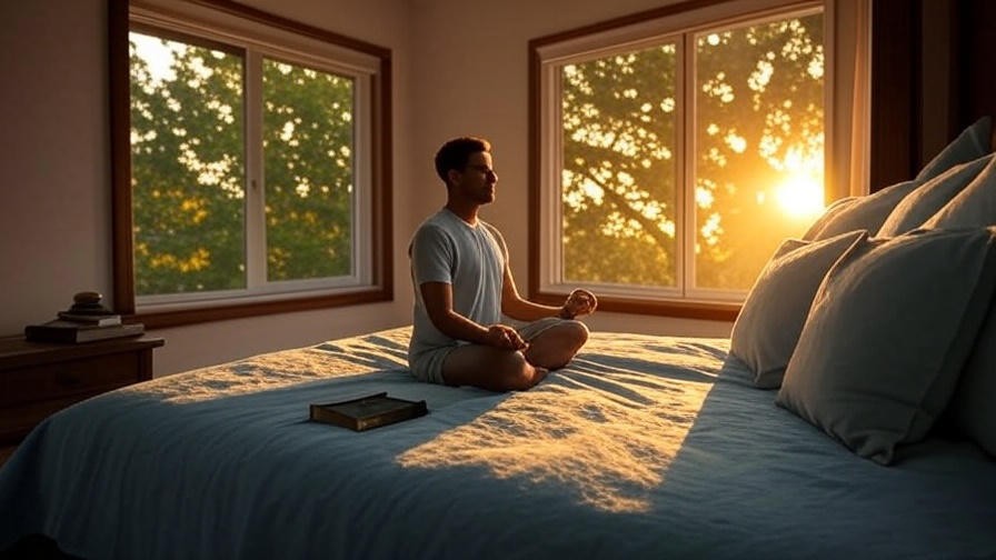 Person meditating on bed at sunrise with Bible and journal for Regnum Christi daily meditation to enhance sleep