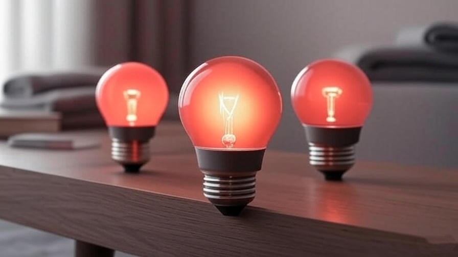 Display of red sleep light bulbs with a warm glow, highlighting products for better sleep.
