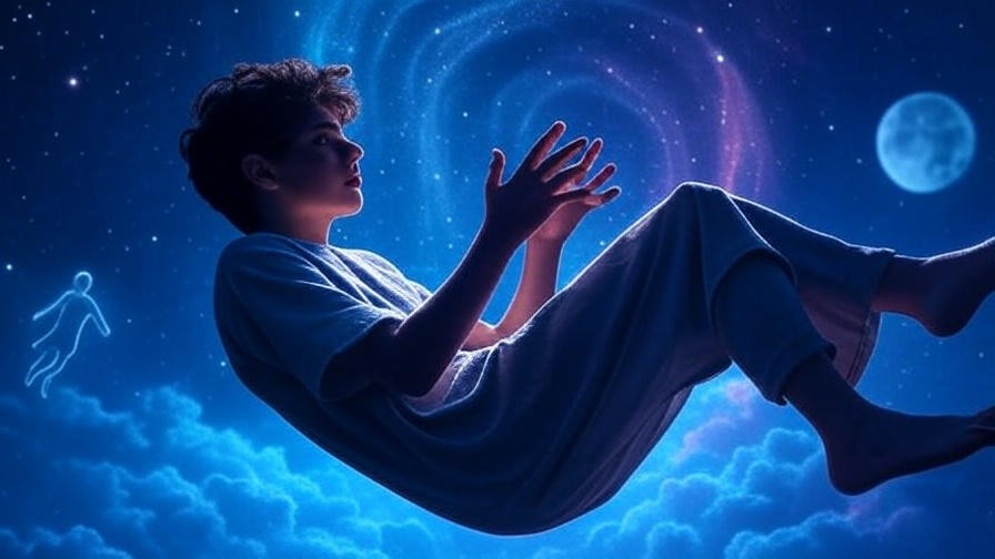 Person floating in a starry sky with a guiding figure during lucid dreaming reality check.