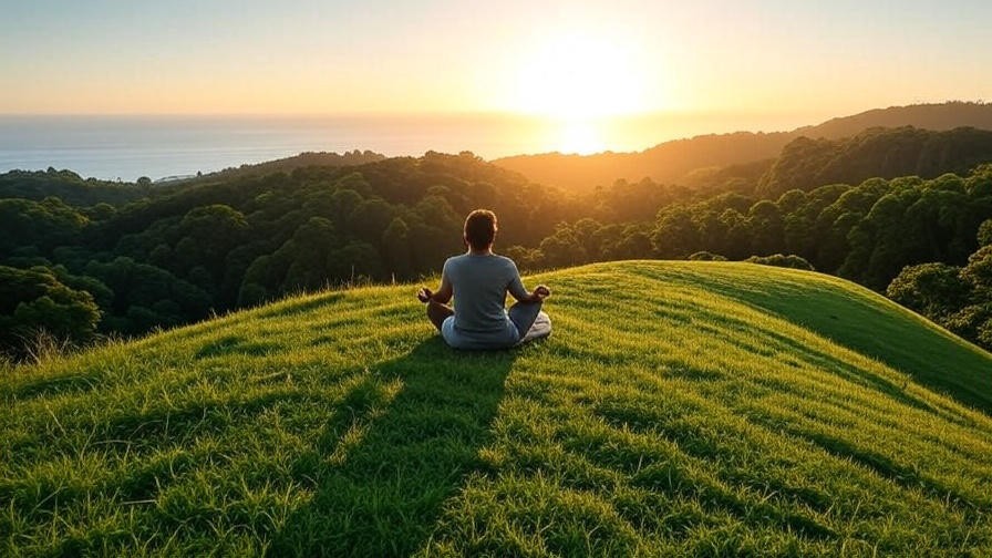 Serene sunrise with person meditating on a hill in Happy Valley Gloucester overlooking the ocean