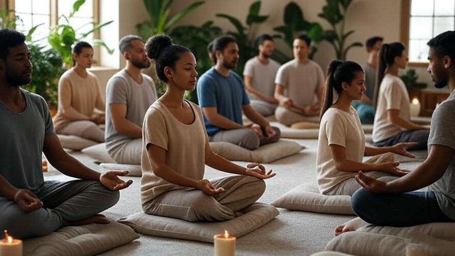 Group meditation session with cushions and plants for transcendental meditation community.