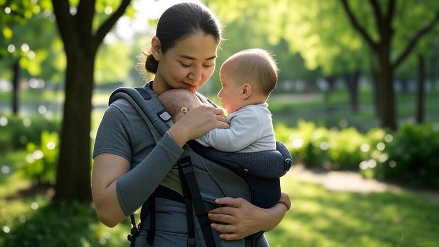 Parent and baby practicing mindfulness in happy baby carrier