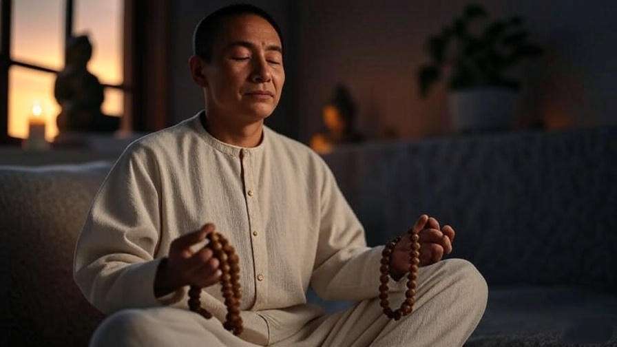 Person meditating with mala beads in a serene room with candlelight and a Buddha statue
