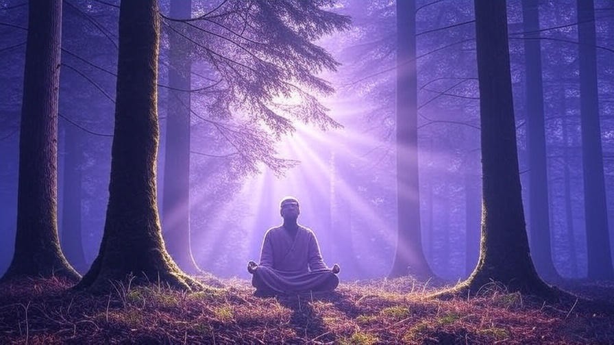 Mystical forest meditation with binaural beat waveforms at twilight