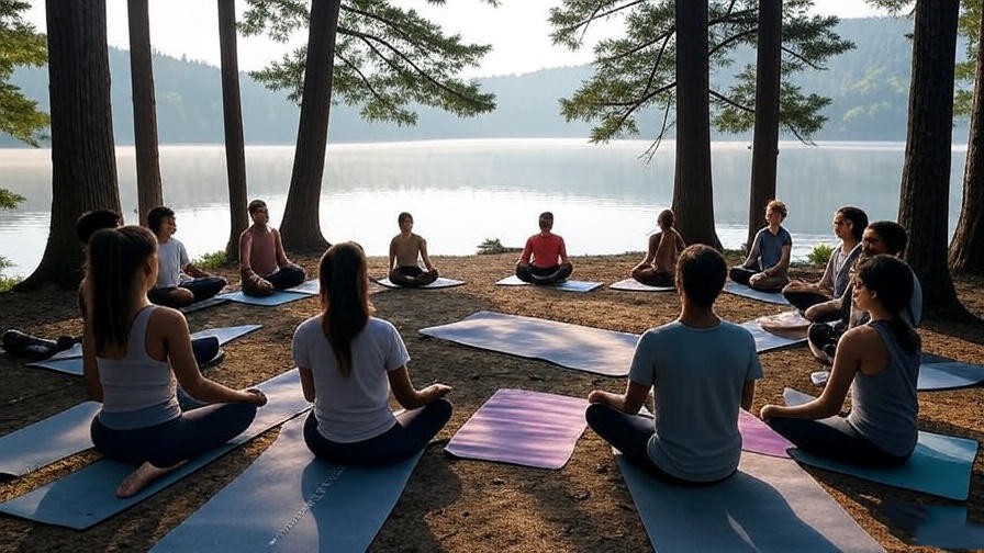 Group meditation retreat by the lake at Meditation Point Campground.