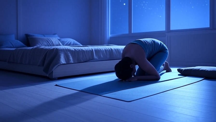 Serene bedroom with person doing gentle yoga pose for calmful sleep relaxation