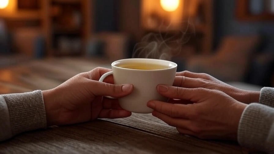 Hands holding chamomile tea in a cozy room for mindful sipping