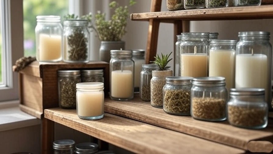 Eco-friendly meditation candles on a rustic shelf with natural decor.
