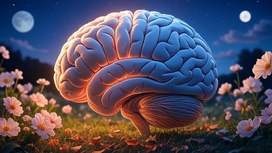 Illustration of brain with sleep and happiness symbols for improved mental health benefits.