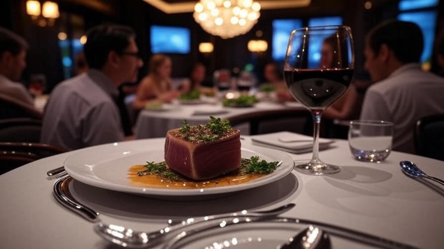 Serene Ruth’s Chris happy hour setting with seared ahi tuna and red wine under dim lighting