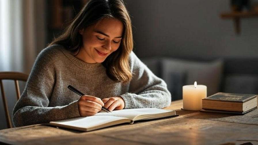 Person journaling with notebook, pen, candle, and TM meditation book in a tranquil setting