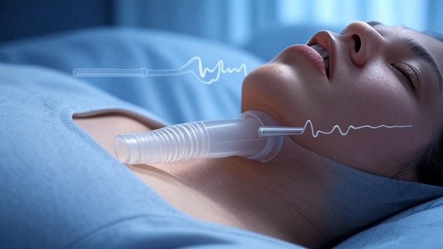 Illustration of airway obstruction in obstructive sleep apnea, showing oxygen levels and breathing patterns.