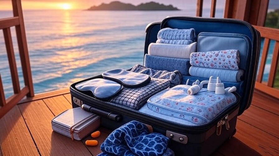 Packed suitcase with sleep essentials on Dreams Las Mareas balcony