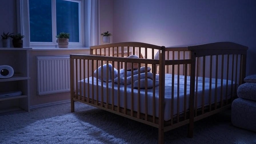 Cozy nursery with a Gunamuna Sleep Sack in a crib, blackout curtains, and white noise machine.
