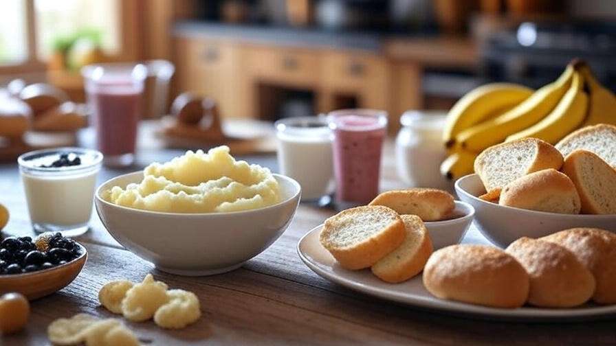 Healthy soft foods like mashed potatoes and smoothies for tooth extraction recovery.