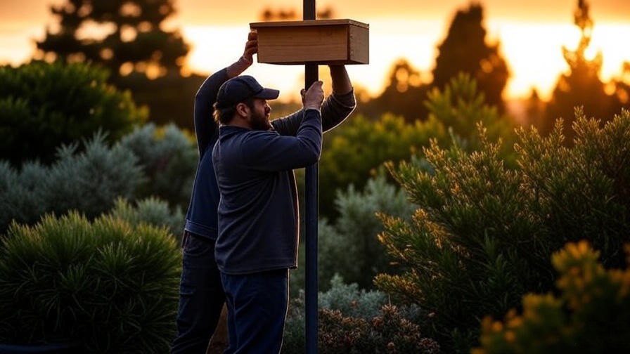 Homeowner installing a possum box in a garden at sunset