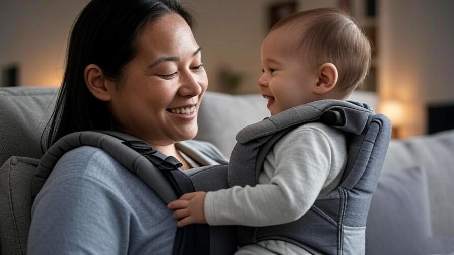 Parent bonding with baby in happy baby carrier indoors