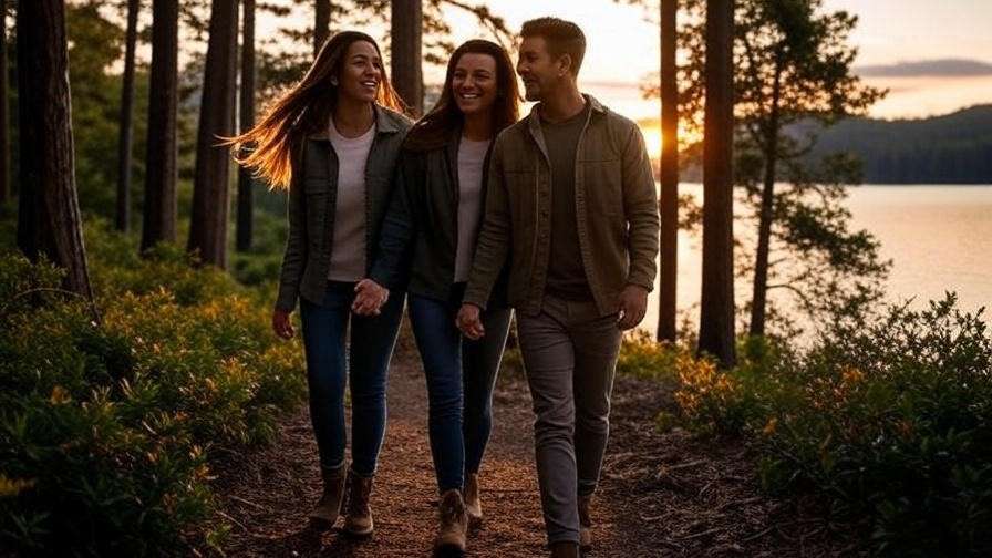 Couple walking hand-in-hand on a nature trail during a couples meditation retreat.