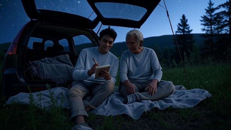  People stargazing outside hatchback with journal in nature setting.
