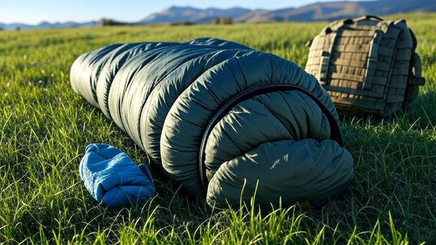 Lightweight military sleeping bag in compression sack with backpack for backpacking.