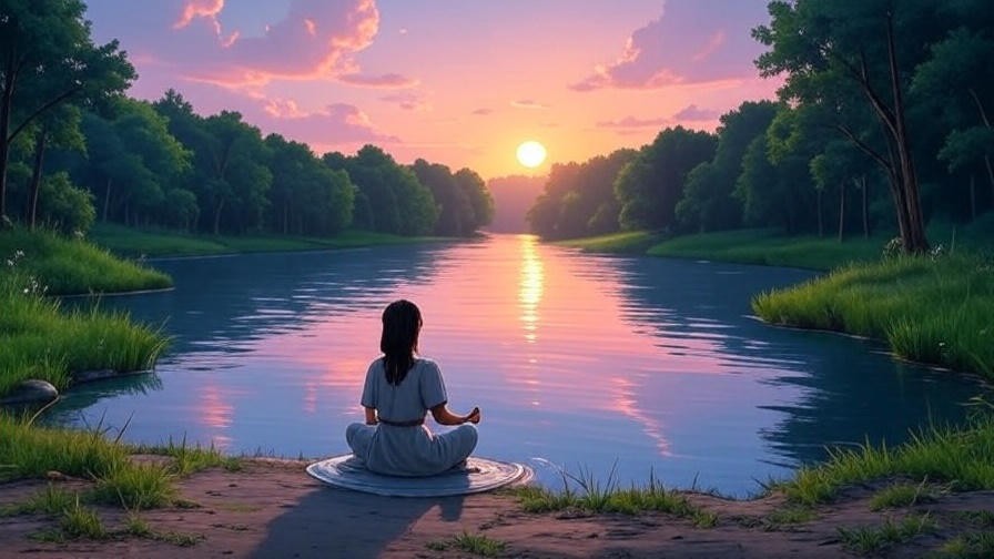 Serene digital illustration of a person meditating by a tranquil lake at sunset for mindfulness content