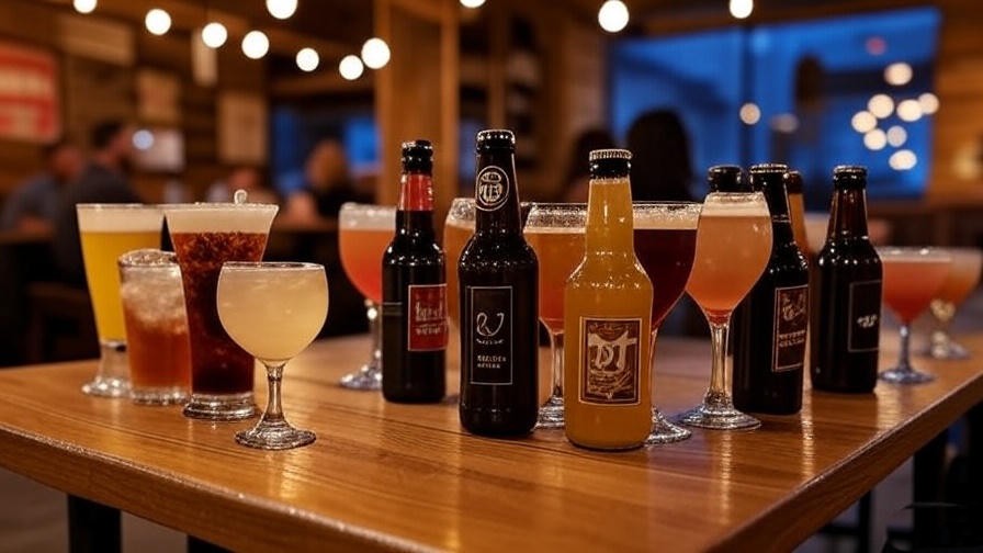 Cozy BJ’s Restaurant interior with craft beers and cocktails on a table, warm lighting, relaxed ambiance.
