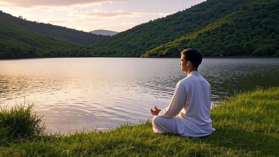 Tranquil lake scene with person meditating at sunset for inner peace and restful sleep.