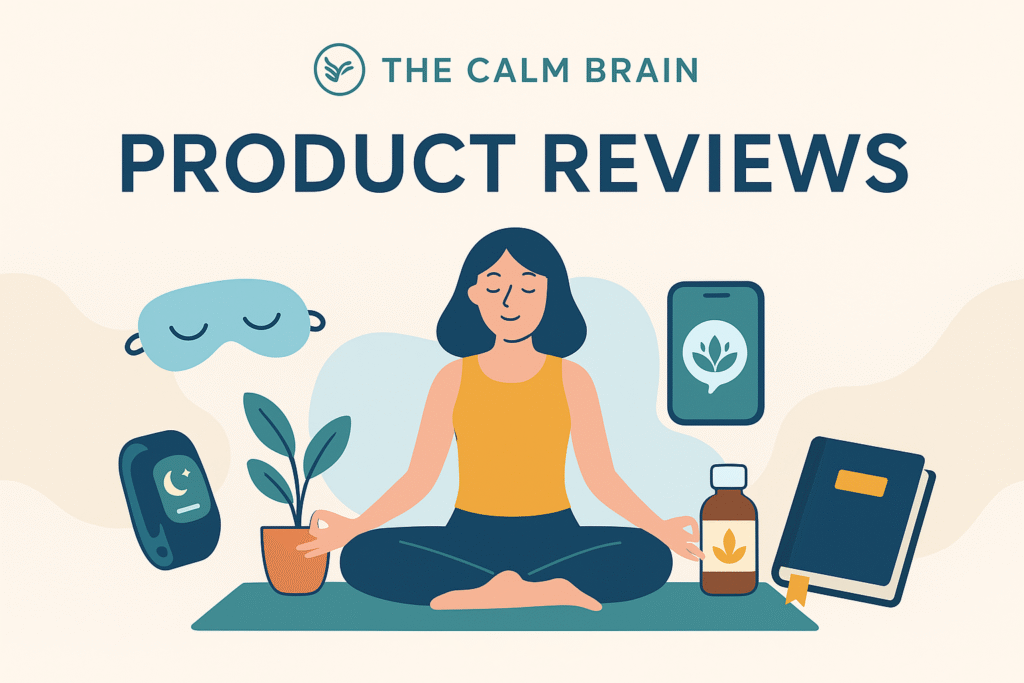 Illustration of a woman meditating surrounded by wellness products like a sleep mask, tracker, plant, supplement bottle, and journal, representing product reviews on The Calm Brain website.