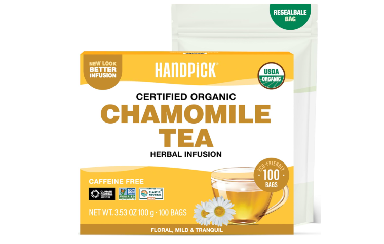 HANDPICK, Organic Chamomile Tea Bags (100 Herbal Tea Bags) Caffeine Free| Premium Floral Chamomile Herbal Tea in Eco-Conscious Teabags | Direct from Source 