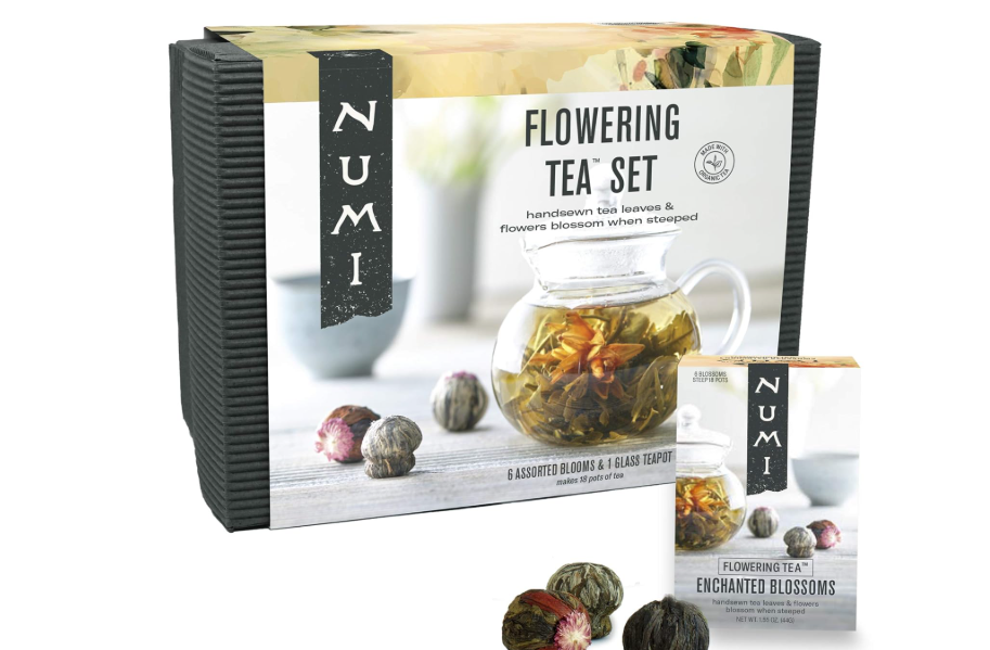 Numi Organic Tea Flowering Tea Gift Set, 6 Tea Blossoms with 16 Ounce Glass Teapot in Elegant Bamboo Case (Packaging May Vary) 