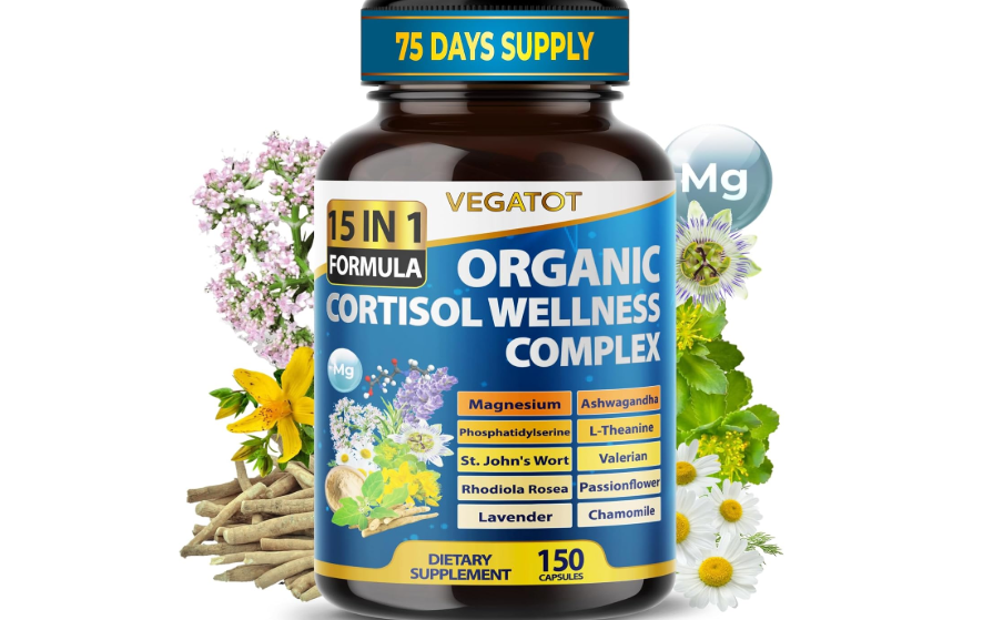 VEGATOT Organic Cortisol Wellness Complex 15-in-1 Formula with Magnesium Ashwagandha St. John's Wort Valerian Rhodiola Rosea Passionflower Chamomile 