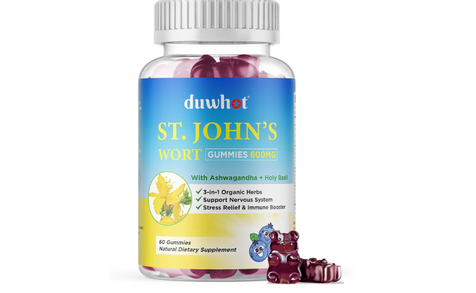 duwhot St John's Wort Gummies 600mg, 3 in 1 Organic Herbal Supplements for Stress Relief, Nervous System Support, with Ashwagandha & Holy Basil... 