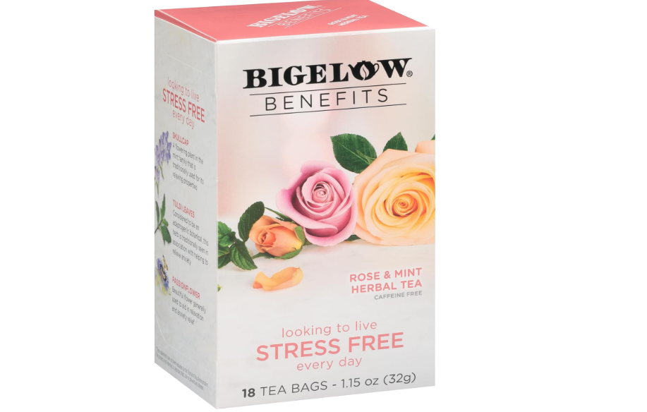 Bigelow Benefits Stress Free Rose & Mint Herbal Tea, Caffeine Free, 18 Count (Pack of 6), 108 Total Tea Bags

