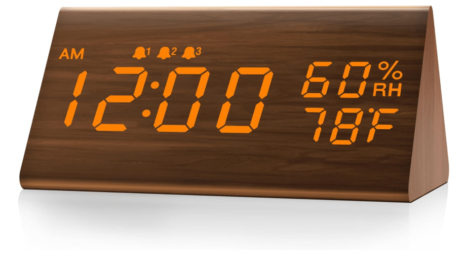 JALL Digital Alarm Clock, with Wooden Electronic LED Time Display, 3 Alarm Settings, Humidity & Temperature Detect, Wood Made Electric Clocks for... 