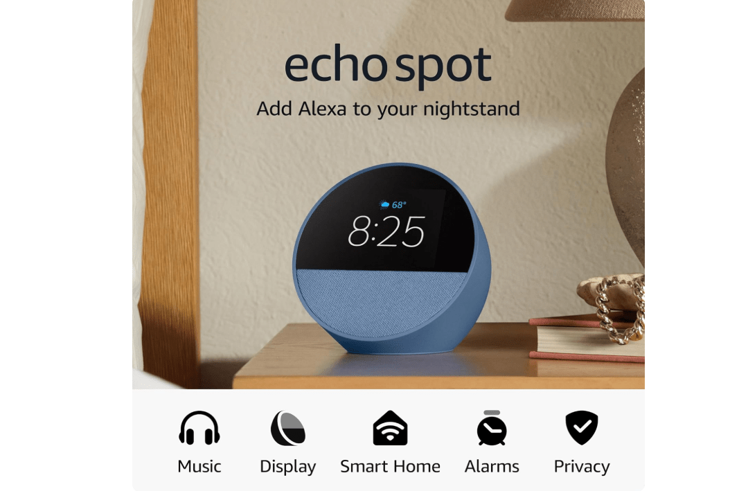 Amazon Echo Spot (newest model), Great for nightstands, offices and kitchens, Smart alarm clock with Alexa, Ocean Blue 
