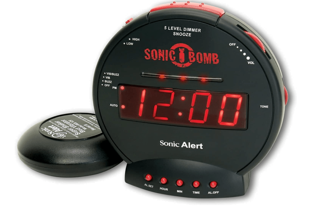 Sonic Bomb Dual Extra Loud Alarm Clock with Bed Shaker, Black | Sonic Alert Vibrating, Heavy Sleepers, Battery Backup | Wake with a Shake 