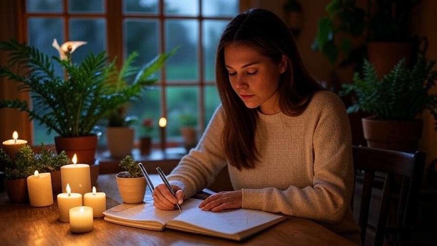 Person journaling in a tranquil setting with candles and plants for transcendental meditation progress.