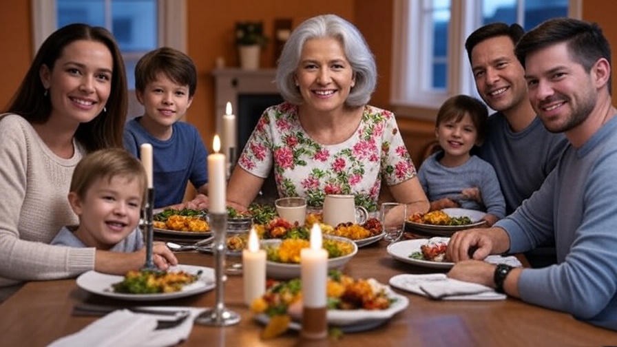 Cozy family gathering with an older woman enjoying a mindful birthday meal.
