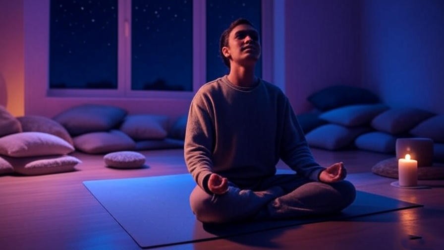 Person meditating on yoga mat with candle and starry night sky, promoting relaxation.
