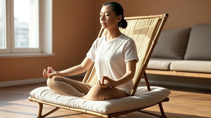 Person meditating on Friends of Meditation Relaxing Buddha Chair in a minimalist living room.