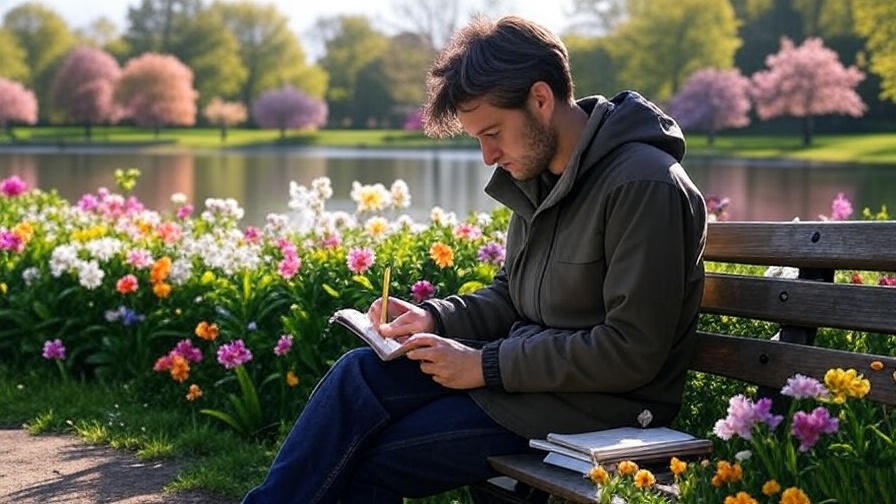 Person journaling in a scenic Happy Valley Gloucester park by a lake