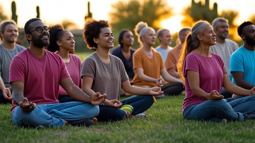 Diverse Phoenix residents meditating together in a community park at sunset.