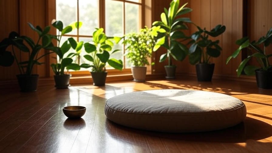 Serene meditation setup with zafu cushion and singing bowl in natural light