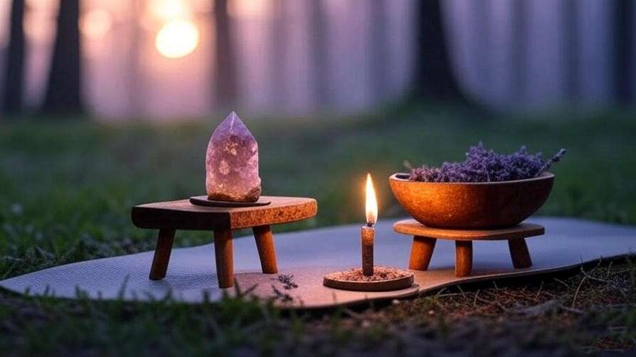 Amethyst crystal with incense and lavender on a yoga mat in a tranquil forest clearing. 