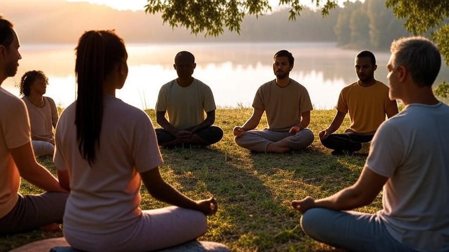 Group meditation outdoors near a lake for community practice